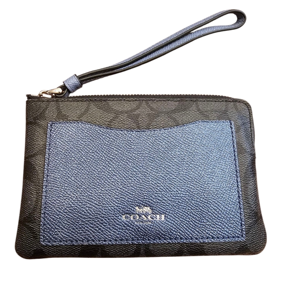 Coach F22713 Corner Zip Wristlet Black With Metallic Navy